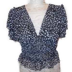 Blouse NWT LARGE Black White Dot Mesh Short Sleeve Slim Fit V-Neck summer top